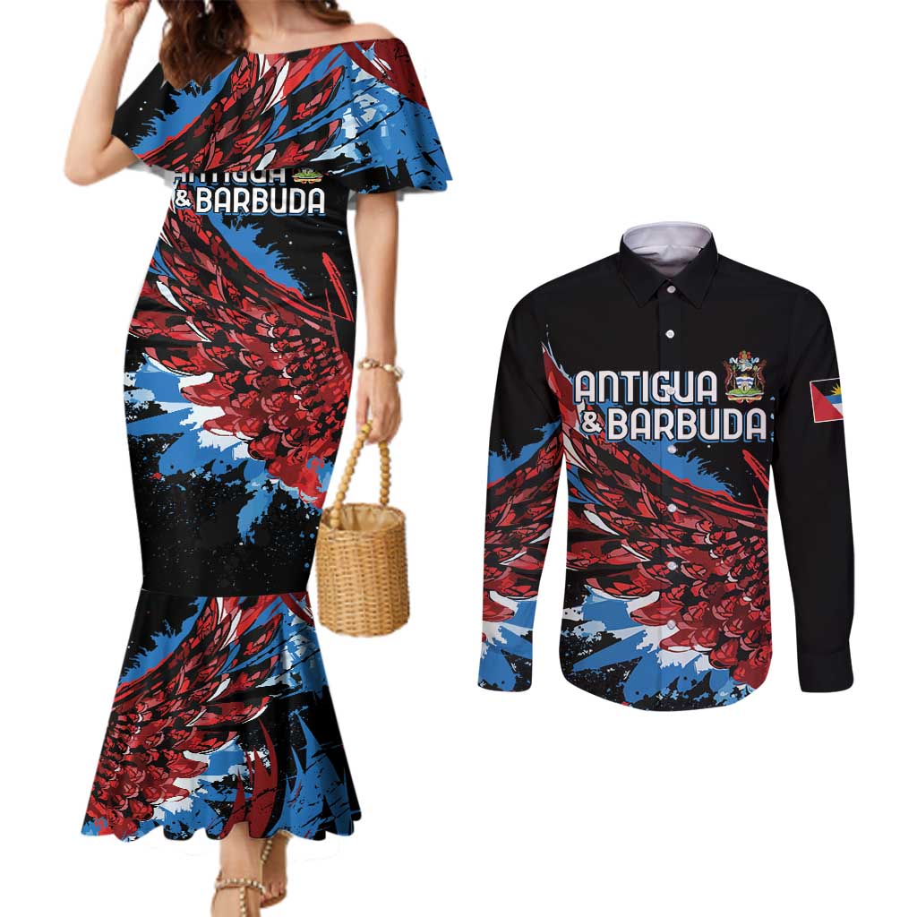 Antigua and Barbuda Cricket Custom Couples Matching Mermaid Dress and Long Sleeve Button Shirt Falcons Wings - Take Off - Wonder Print Shop