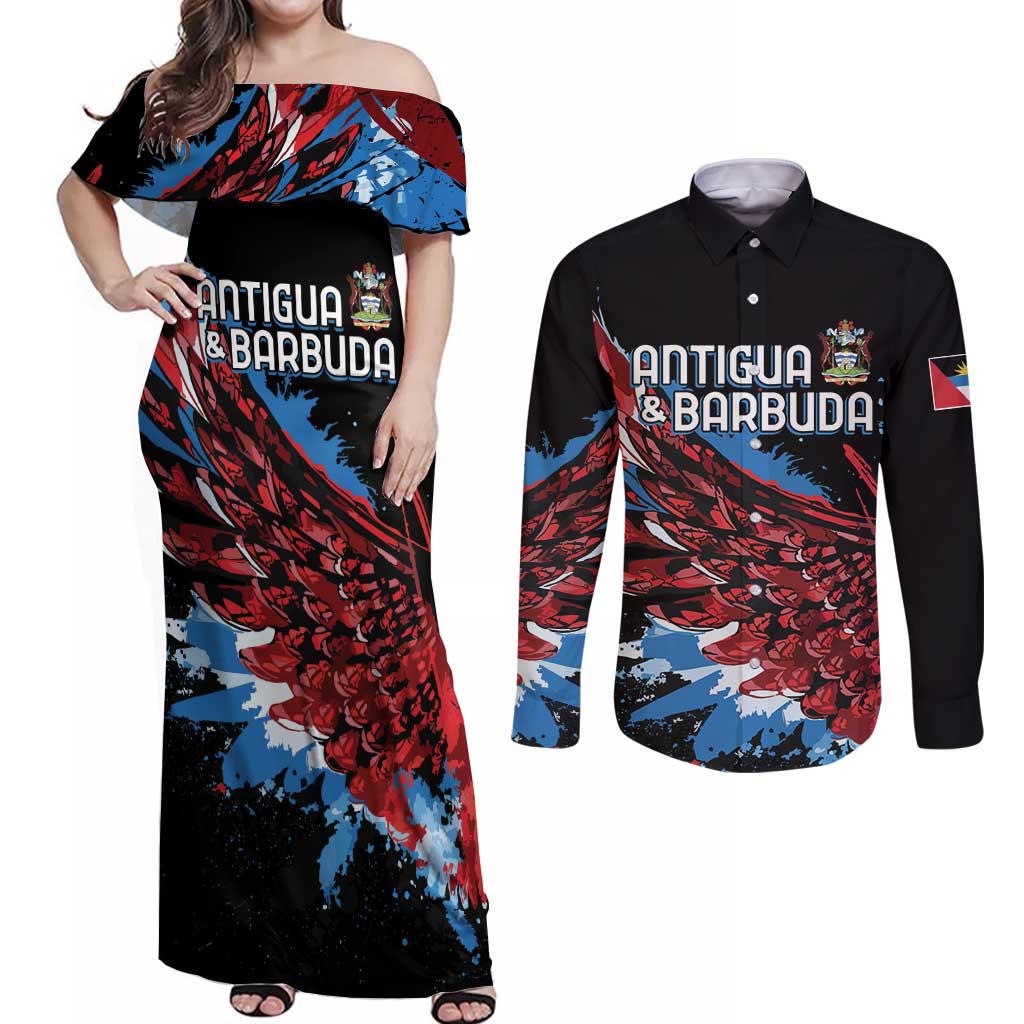 Antigua and Barbuda Cricket Custom Couples Matching Off Shoulder Maxi Dress and Long Sleeve Button Shirt Falcons Wings - Take Off - Wonder Print Shop