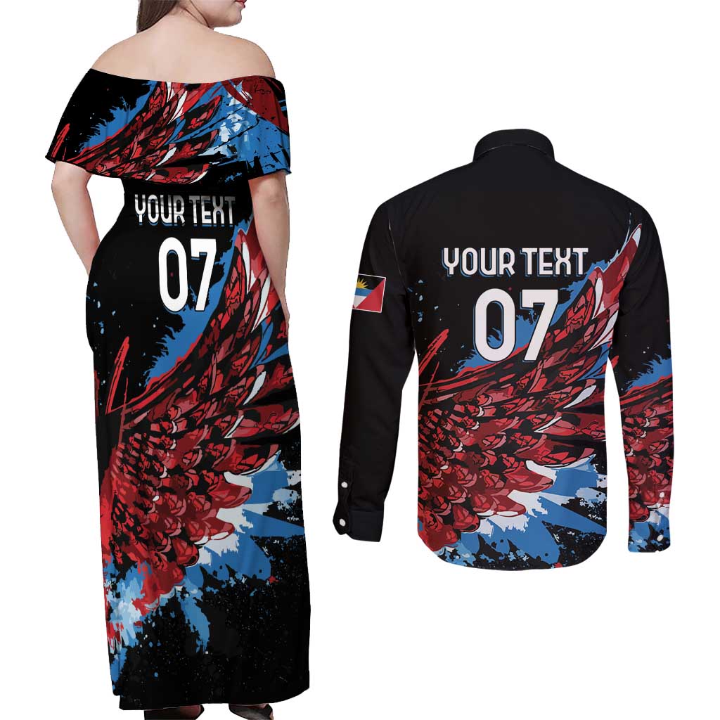 Antigua and Barbuda Cricket Custom Couples Matching Off Shoulder Maxi Dress and Long Sleeve Button Shirt Falcons Wings - Take Off - Wonder Print Shop