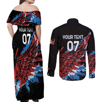 Antigua and Barbuda Cricket Custom Couples Matching Off Shoulder Maxi Dress and Long Sleeve Button Shirt Falcons Wings - Take Off - Wonder Print Shop