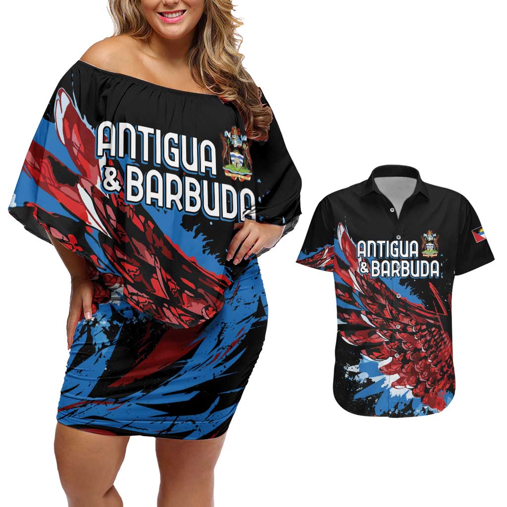 Antigua and Barbuda Cricket Custom Couples Matching Off Shoulder Short Dress and Hawaiian Shirt Falcons Wings - Take Off - Wonder Print Shop