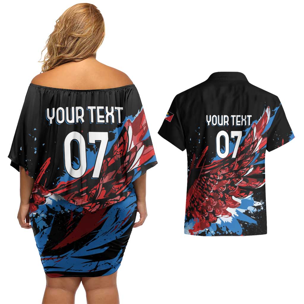 Antigua and Barbuda Cricket Custom Couples Matching Off Shoulder Short Dress and Hawaiian Shirt Falcons Wings - Take Off - Wonder Print Shop