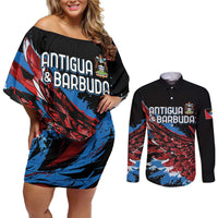 Antigua and Barbuda Cricket Custom Couples Matching Off Shoulder Short Dress and Long Sleeve Button Shirt Falcons Wings - Take Off - Wonder Print Shop