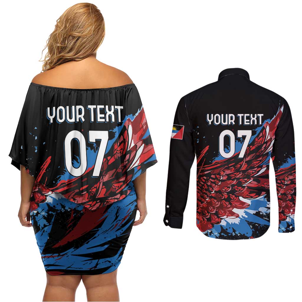 Antigua and Barbuda Cricket Custom Couples Matching Off Shoulder Short Dress and Long Sleeve Button Shirt Falcons Wings - Take Off - Wonder Print Shop