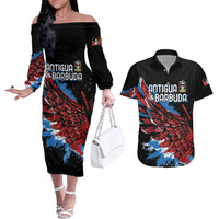 Antigua and Barbuda Cricket Custom Couples Matching Off The Shoulder Long Sleeve Dress and Hawaiian Shirt Falcons Wings - Take Off - Wonder Print Shop