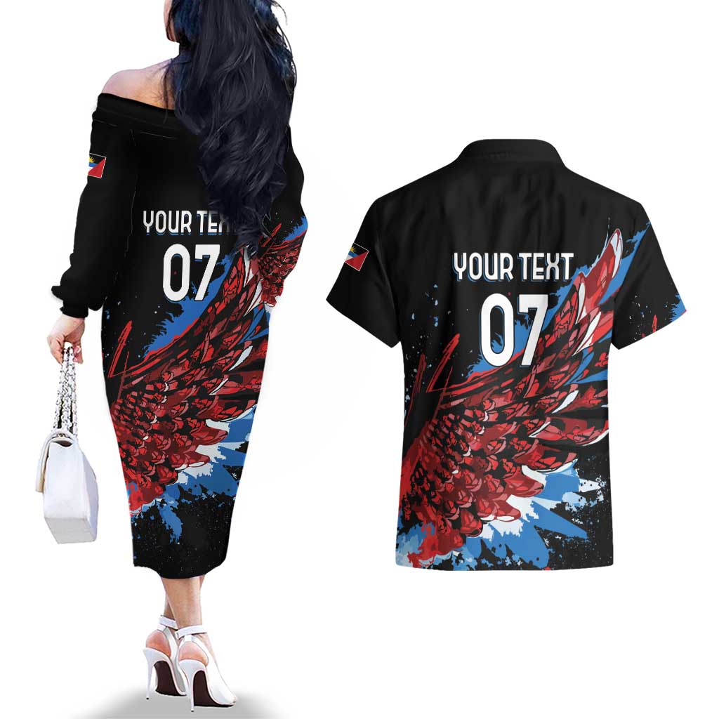 Antigua and Barbuda Cricket Custom Couples Matching Off The Shoulder Long Sleeve Dress and Hawaiian Shirt Falcons Wings - Take Off - Wonder Print Shop