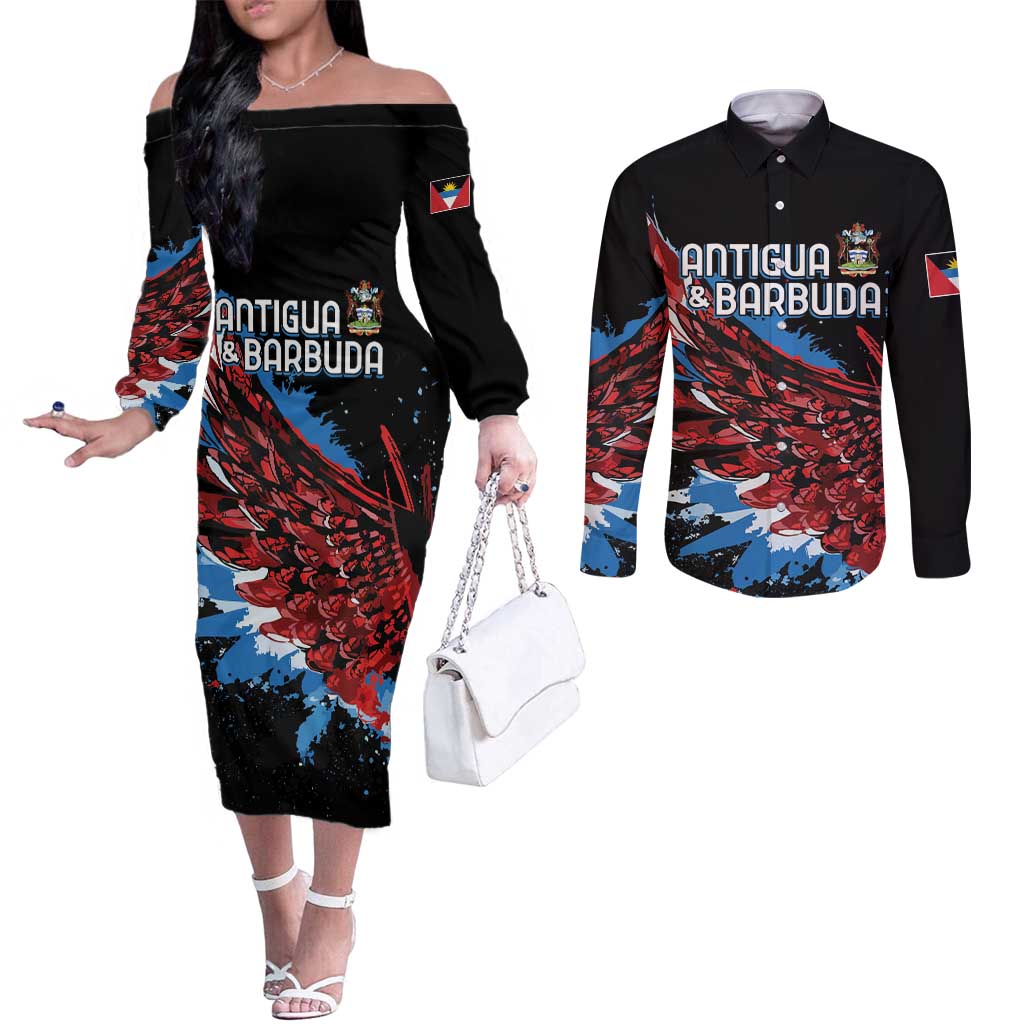 Antigua and Barbuda Cricket Custom Couples Matching Off The Shoulder Long Sleeve Dress and Long Sleeve Button Shirt Falcons Wings - Take Off - Wonder Print Shop