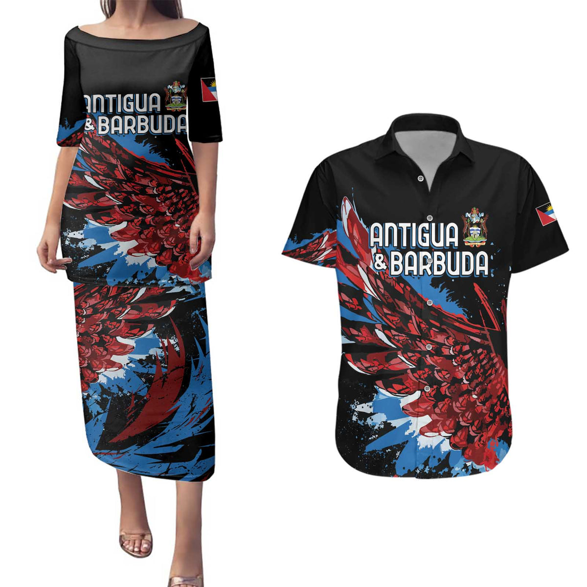 Antigua and Barbuda Cricket Custom Couples Matching Puletasi and Hawaiian Shirt Falcons Wings - Take Off - Wonder Print Shop