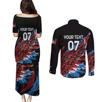Antigua and Barbuda Cricket Custom Couples Matching Puletasi and Long Sleeve Button Shirt Falcons Wings - Take Off - Wonder Print Shop