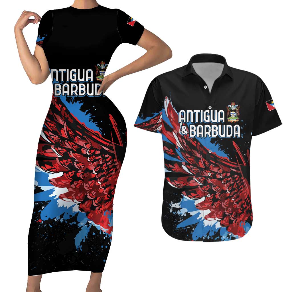 Antigua and Barbuda Cricket Custom Couples Matching Short Sleeve Bodycon Dress and Hawaiian Shirt Falcons Wings - Take Off - Wonder Print Shop