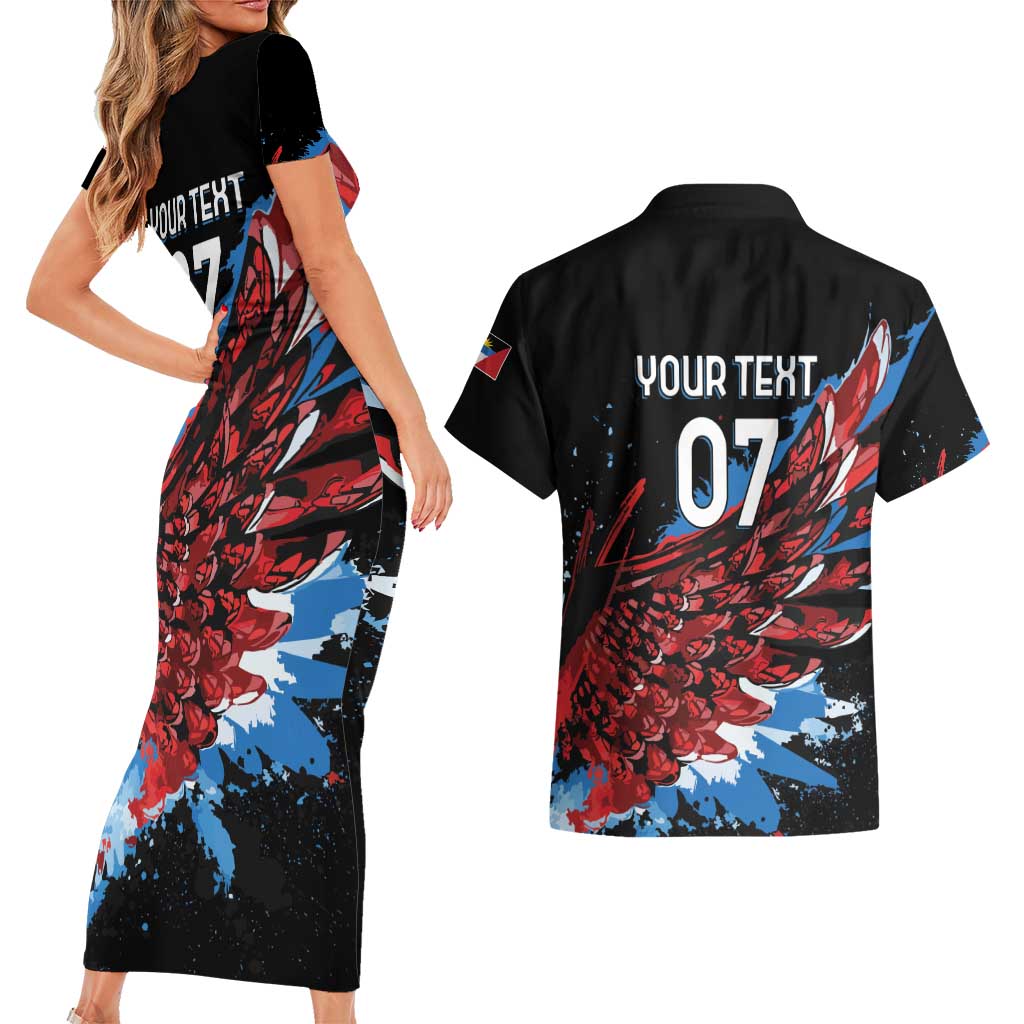 Antigua and Barbuda Cricket Custom Couples Matching Short Sleeve Bodycon Dress and Hawaiian Shirt Falcons Wings - Take Off - Wonder Print Shop