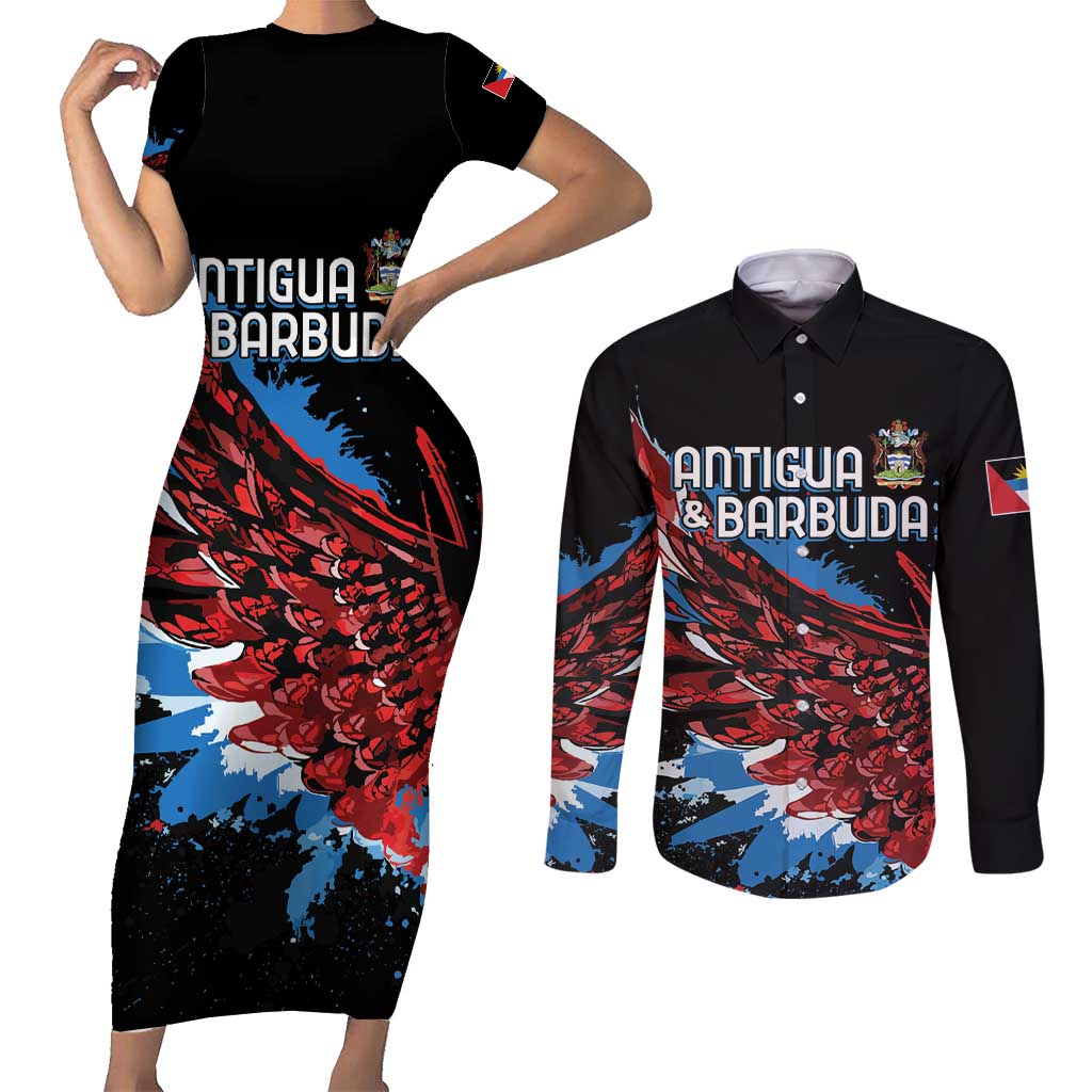 Antigua and Barbuda Cricket Custom Couples Matching Short Sleeve Bodycon Dress and Long Sleeve Button Shirt Falcons Wings - Take Off - Wonder Print Shop