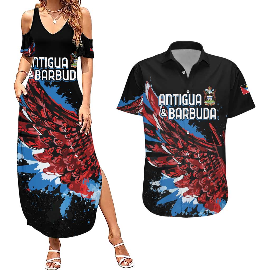Antigua and Barbuda Cricket Custom Couples Matching Summer Maxi Dress and Hawaiian Shirt Falcons Wings - Take Off - Wonder Print Shop