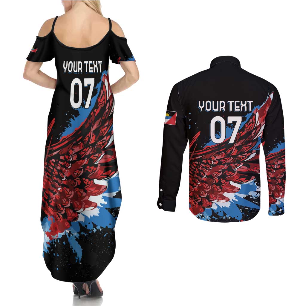 Antigua and Barbuda Cricket Custom Couples Matching Summer Maxi Dress and Long Sleeve Button Shirt Falcons Wings - Take Off - Wonder Print Shop