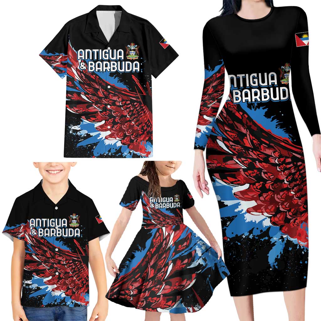 Antigua and Barbuda Cricket Custom Family Matching Long Sleeve Bodycon Dress and Hawaiian Shirt Falcons Wings - Take Off - Wonder Print Shop