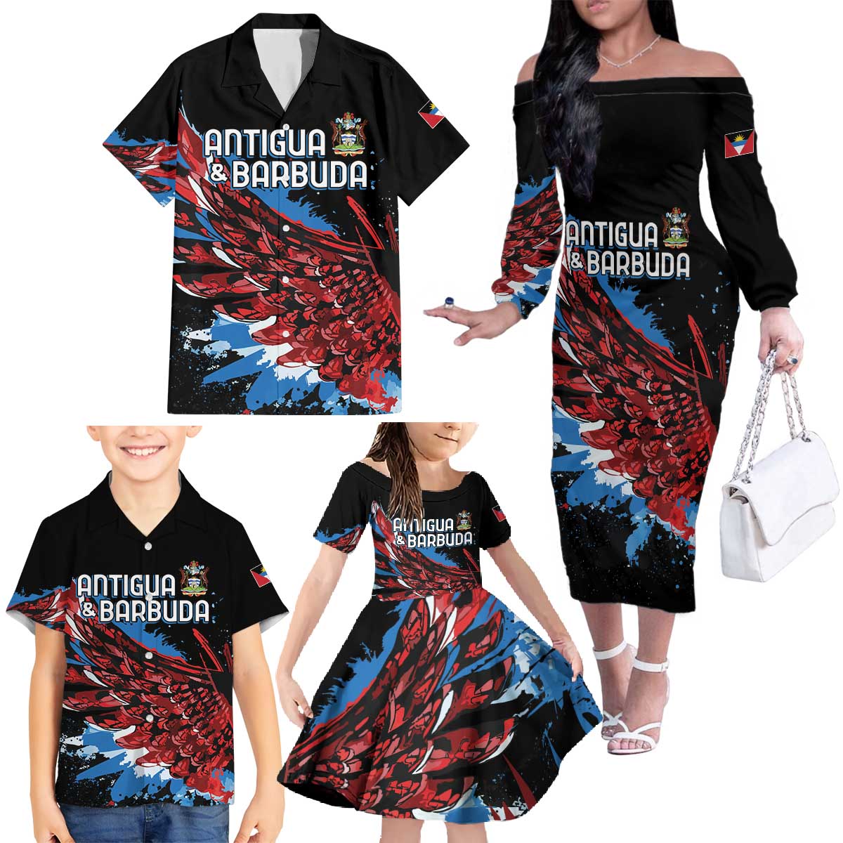 Antigua and Barbuda Cricket Custom Family Matching Off The Shoulder Long Sleeve Dress and Hawaiian Shirt Falcons Wings - Take Off - Wonder Print Shop