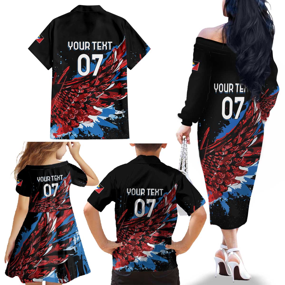 Antigua and Barbuda Cricket Custom Family Matching Off The Shoulder Long Sleeve Dress and Hawaiian Shirt Falcons Wings - Take Off - Wonder Print Shop