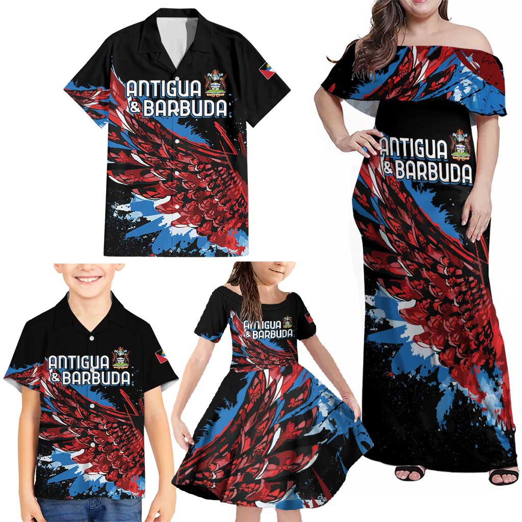 Antigua and Barbuda Cricket Custom Family Matching Off Shoulder Maxi Dress and Hawaiian Shirt Falcons Wings - Take Off - Wonder Print Shop