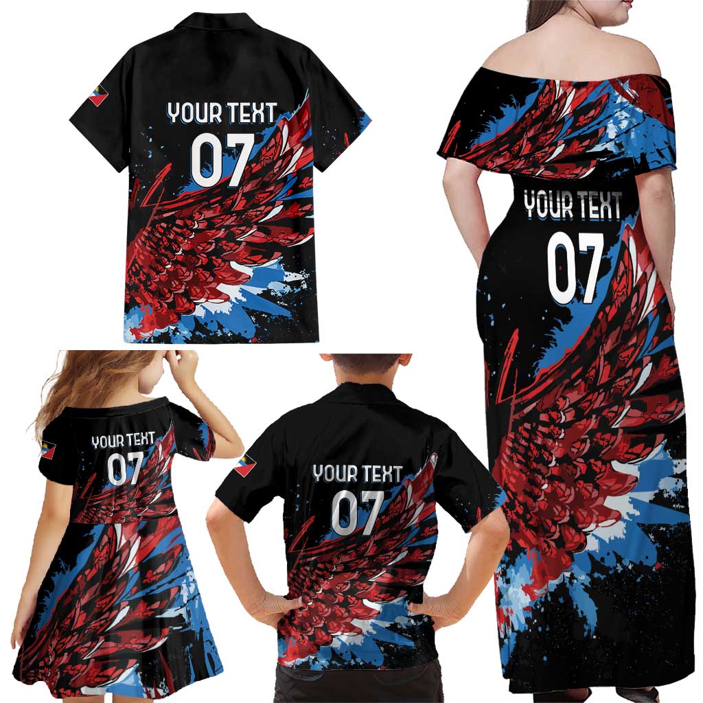 Antigua and Barbuda Cricket Custom Family Matching Off Shoulder Maxi Dress and Hawaiian Shirt Falcons Wings - Take Off - Wonder Print Shop