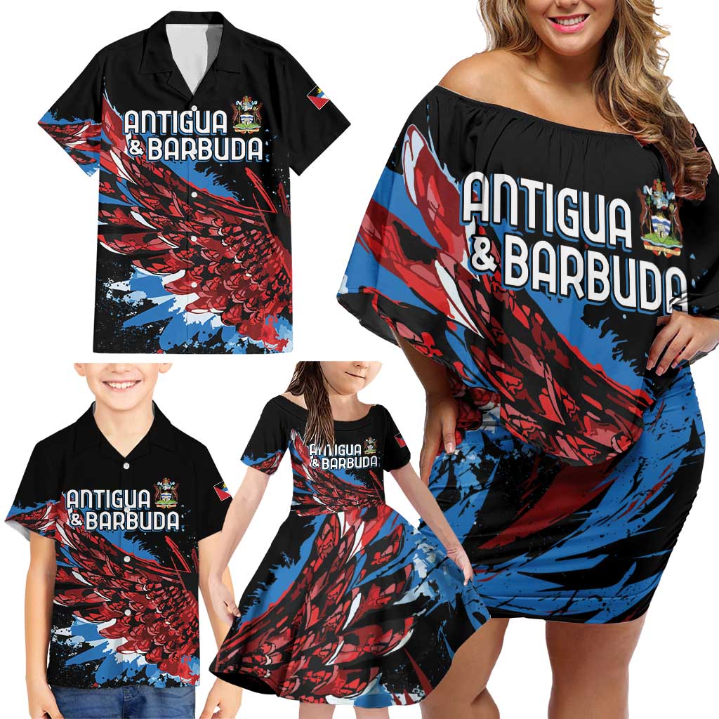 Antigua and Barbuda Cricket Custom Family Matching Off Shoulder Short Dress and Hawaiian Shirt Falcons Wings - Take Off - Wonder Print Shop