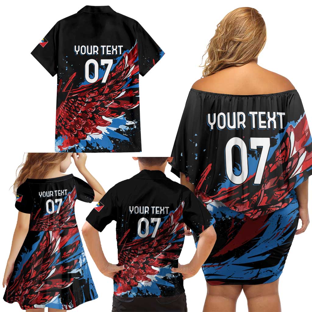 Antigua and Barbuda Cricket Custom Family Matching Off Shoulder Short Dress and Hawaiian Shirt Falcons Wings - Take Off - Wonder Print Shop