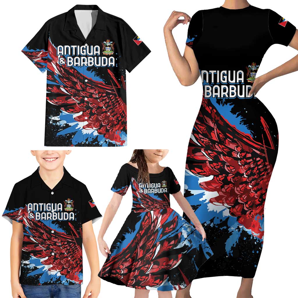 Antigua and Barbuda Cricket Custom Family Matching Short Sleeve Bodycon Dress and Hawaiian Shirt Falcons Wings - Take Off - Wonder Print Shop
