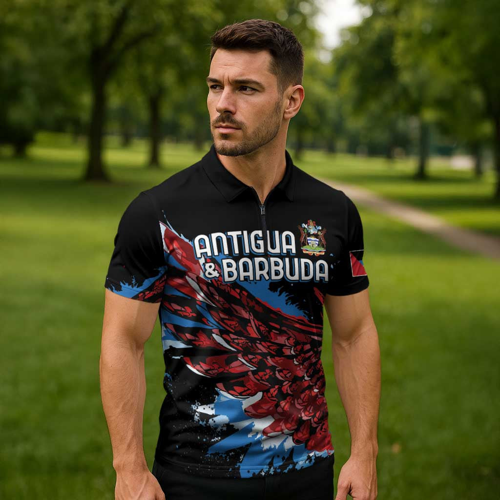 Antigua and Barbuda Cricket Custom Zipper Polo Shirt Falcons Wings - Take Off - Wonder Print Shop