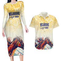 Melbourne Horse Racing Couples Matching Long Sleeve Bodycon Dress and Hawaiian Shirt Yellow Rose Champion - Wonder Print Shop