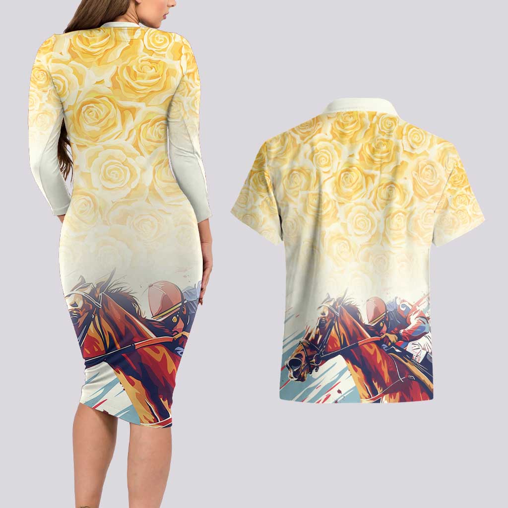 Melbourne Horse Racing Couples Matching Long Sleeve Bodycon Dress and Hawaiian Shirt Yellow Rose Champion - Wonder Print Shop