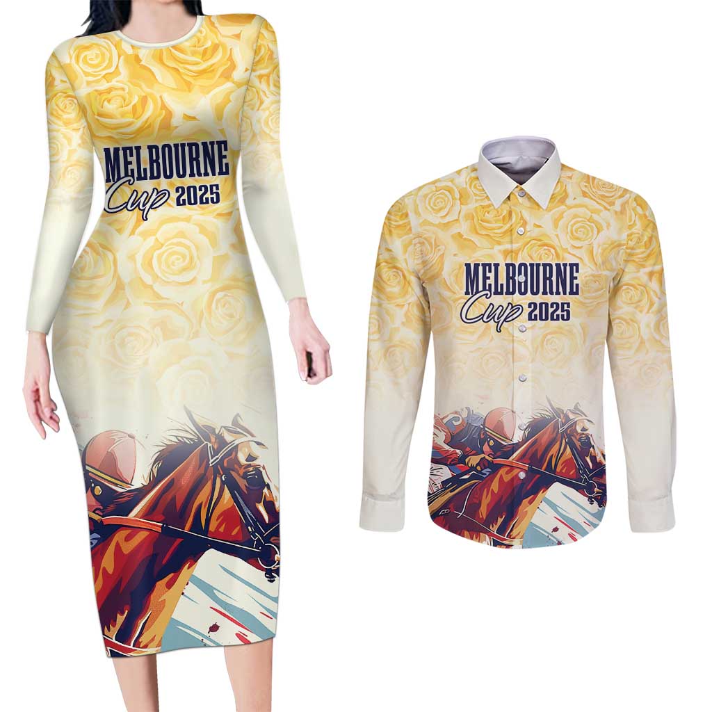 Melbourne Horse Racing Couples Matching Long Sleeve Bodycon Dress and Long Sleeve Button Shirt Yellow Rose Champion - Wonder Print Shop