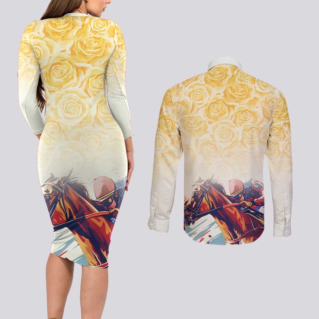 Melbourne Horse Racing Couples Matching Long Sleeve Bodycon Dress and Long Sleeve Button Shirt Yellow Rose Champion - Wonder Print Shop