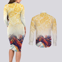 Melbourne Horse Racing Couples Matching Long Sleeve Bodycon Dress and Long Sleeve Button Shirt Yellow Rose Champion - Wonder Print Shop