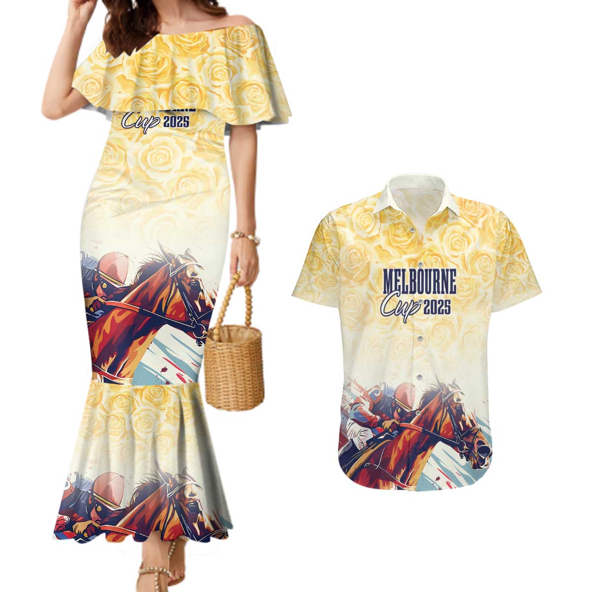 Melbourne Horse Racing Couples Matching Mermaid Dress and Hawaiian Shirt Yellow Rose Champion - Wonder Print Shop