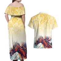 Melbourne Horse Racing Couples Matching Off Shoulder Maxi Dress and Hawaiian Shirt Yellow Rose Champion - Wonder Print Shop
