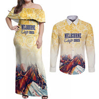 Melbourne Horse Racing Couples Matching Off Shoulder Maxi Dress and Long Sleeve Button Shirt Yellow Rose Champion - Wonder Print Shop