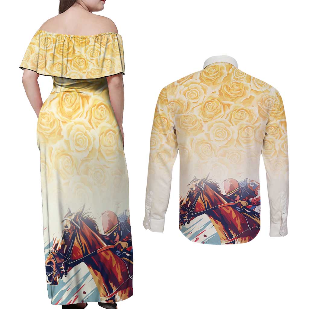 Melbourne Horse Racing Couples Matching Off Shoulder Maxi Dress and Long Sleeve Button Shirt Yellow Rose Champion - Wonder Print Shop