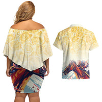 Melbourne Horse Racing Couples Matching Off Shoulder Short Dress and Hawaiian Shirt Yellow Rose Champion - Wonder Print Shop