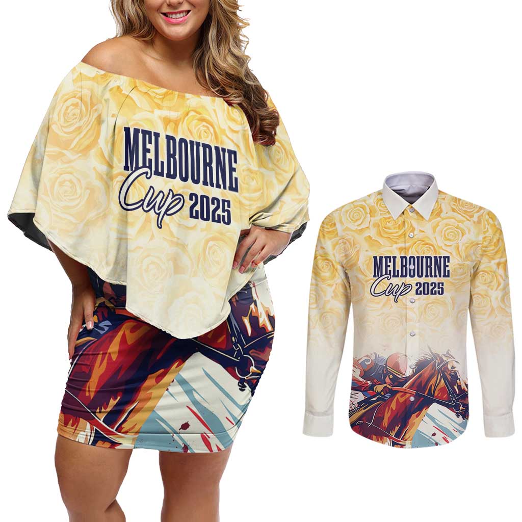 Melbourne Horse Racing Couples Matching Off Shoulder Short Dress and Long Sleeve Button Shirt Yellow Rose Champion - Wonder Print Shop