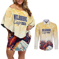 Melbourne Horse Racing Couples Matching Off Shoulder Short Dress and Long Sleeve Button Shirt Yellow Rose Champion - Wonder Print Shop
