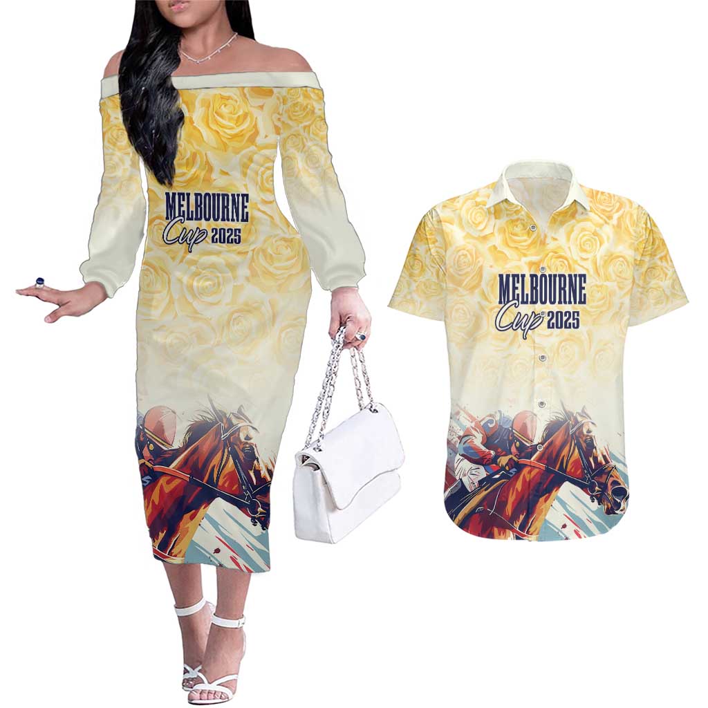 Melbourne Horse Racing Couples Matching Off The Shoulder Long Sleeve Dress and Hawaiian Shirt Yellow Rose Champion - Wonder Print Shop