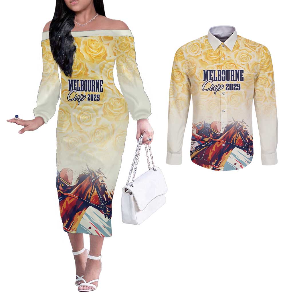 Melbourne Horse Racing Couples Matching Off The Shoulder Long Sleeve Dress and Long Sleeve Button Shirt Yellow Rose Champion - Wonder Print Shop