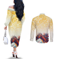 Melbourne Horse Racing Couples Matching Off The Shoulder Long Sleeve Dress and Long Sleeve Button Shirt Yellow Rose Champion - Wonder Print Shop