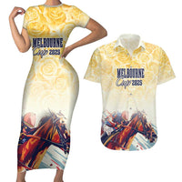 Melbourne Horse Racing Couples Matching Short Sleeve Bodycon Dress and Hawaiian Shirt Yellow Rose Champion - Wonder Print Shop