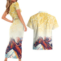 Melbourne Horse Racing Couples Matching Short Sleeve Bodycon Dress and Hawaiian Shirt Yellow Rose Champion - Wonder Print Shop