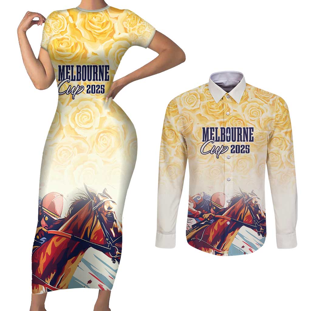 Melbourne Horse Racing Couples Matching Short Sleeve Bodycon Dress and Long Sleeve Button Shirt Yellow Rose Champion - Wonder Print Shop