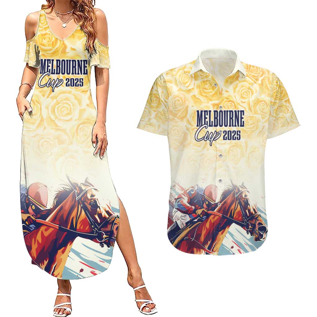 Melbourne Horse Racing Couples Matching Summer Maxi Dress and Hawaiian Shirt Yellow Rose Champion - Wonder Print Shop