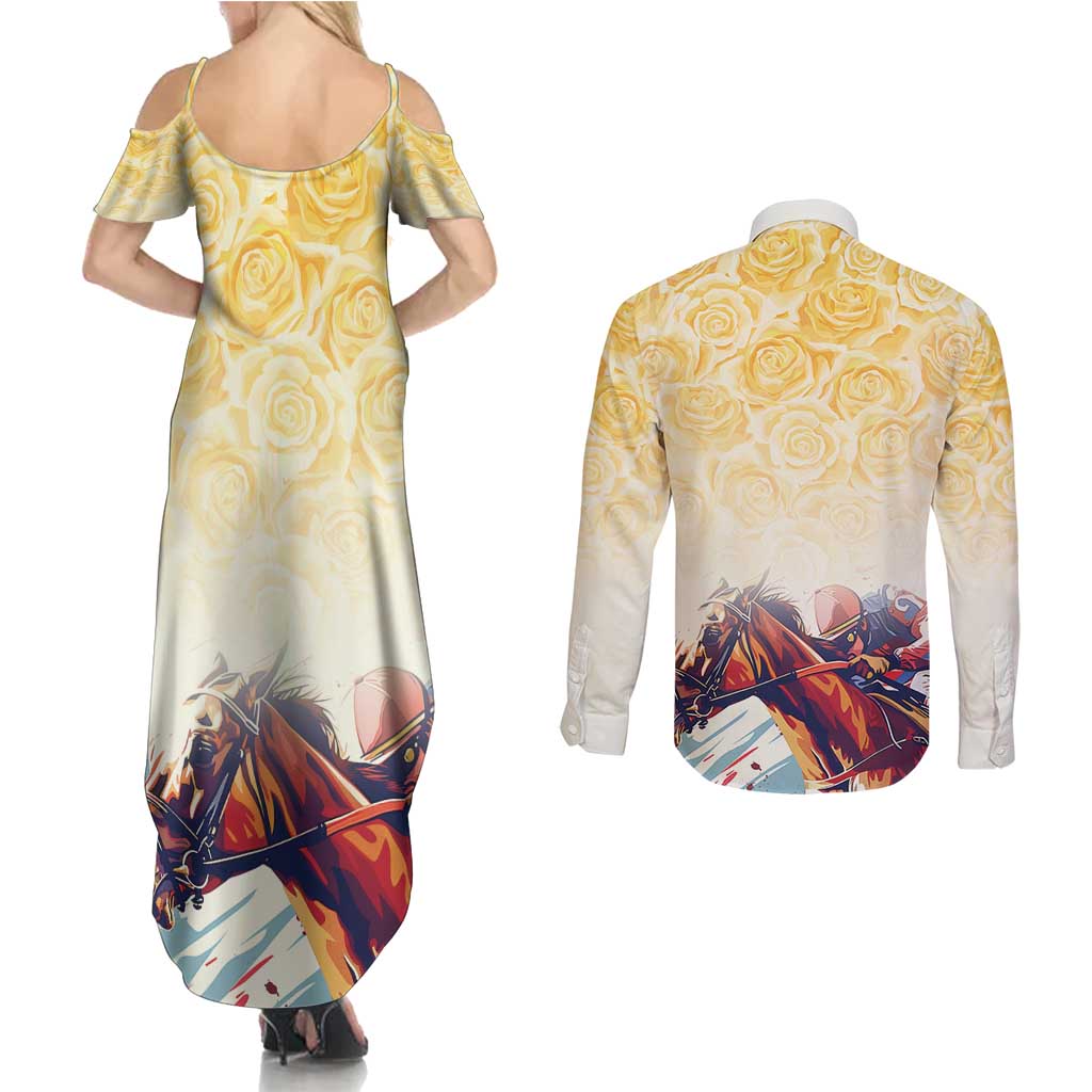 Melbourne Horse Racing Couples Matching Summer Maxi Dress and Long Sleeve Button Shirt Yellow Rose Champion - Wonder Print Shop