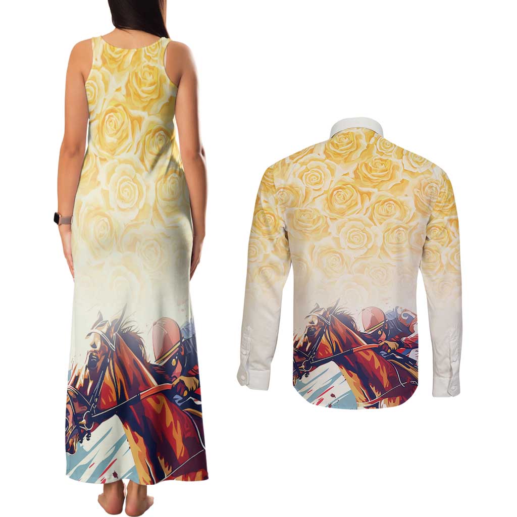 Melbourne Horse Racing Couples Matching Tank Maxi Dress and Long Sleeve Button Shirt Yellow Rose Champion - Wonder Print Shop