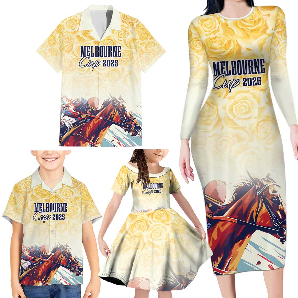 Melbourne Horse Racing Family Matching Long Sleeve Bodycon Dress and Hawaiian Shirt Yellow Rose Champion - Wonder Print Shop