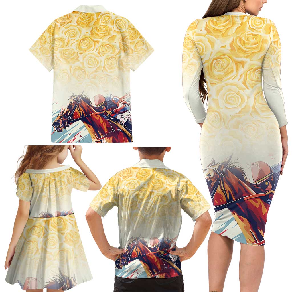 Melbourne Horse Racing Family Matching Long Sleeve Bodycon Dress and Hawaiian Shirt Yellow Rose Champion - Wonder Print Shop